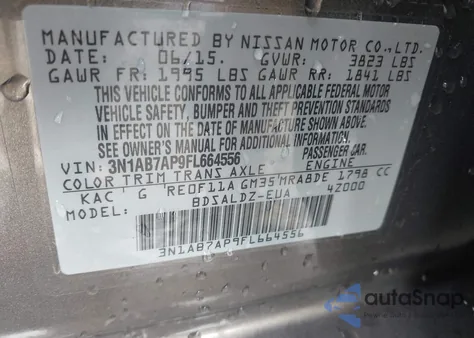 2015 Nissan Sentra Fe+ S/S/Sl/Sr/Sv z USA, uszkodzony, nr VIN 3N1AB7AP9FL664556